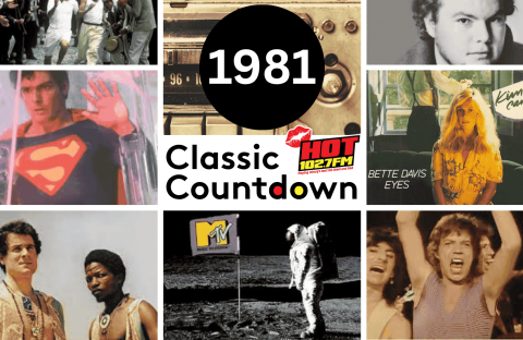 A collage featuring 1981 pop culture: Michael Jackson, Janet Jackson, Superman, radio, MTV debut, The Rolling Stones, Bette Davis Eyes cover, and the text 1981 Classic Countdown HOT 102.7FM in the center.