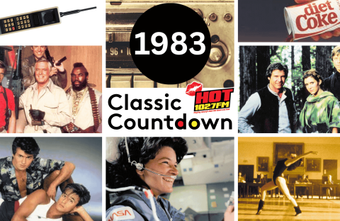 A collage featuring 1983 pop culture: an early mobile phone, the A-Team cast, Diet Coke can, Harrison Ford and Mark Hamill in Star Wars, a 1980s workout scene, Sally Ride as astronaut, Janet Jackson’s rising stardom, and the logo 1983 Classic Countdown HOT 102.7FM.