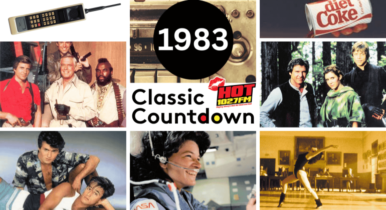 A collage featuring 1983 pop culture: an early mobile phone, the A-Team cast, Diet Coke can, Harrison Ford and Mark Hamill in Star Wars, a 1980s workout scene, Sally Ride as astronaut, Janet Jackson’s rising stardom, and the logo 1983 Classic Countdown HOT 102.7FM.