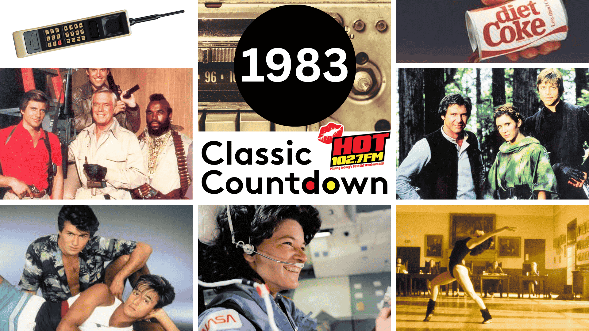 A collage featuring 1983 pop culture: an early mobile phone, the A-Team cast, Diet Coke can, Harrison Ford and Mark Hamill in Star Wars, a 1980s workout scene, Sally Ride as astronaut, Janet Jackson’s rising stardom, and the logo 1983 Classic Countdown HOT 102.7FM.