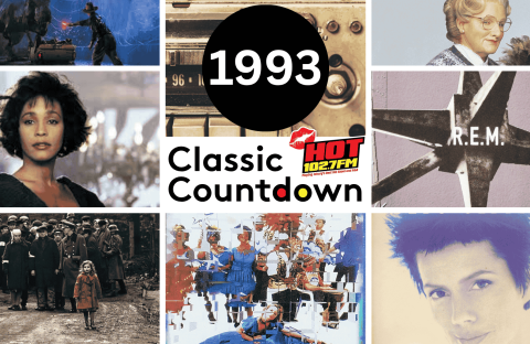 A collage of pop culture icons from 1993, including movies, music legends like Janet Jackson, and celebrities, surrounds a central black circle with “1993 Classic Countdown” and the HOT 102.7FM logo.