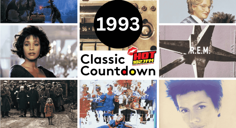 A collage of pop culture icons from 1993, including movies, music legends like Janet Jackson, and celebrities, surrounds a central black circle with “1993 Classic Countdown” and the HOT 102.7FM logo.