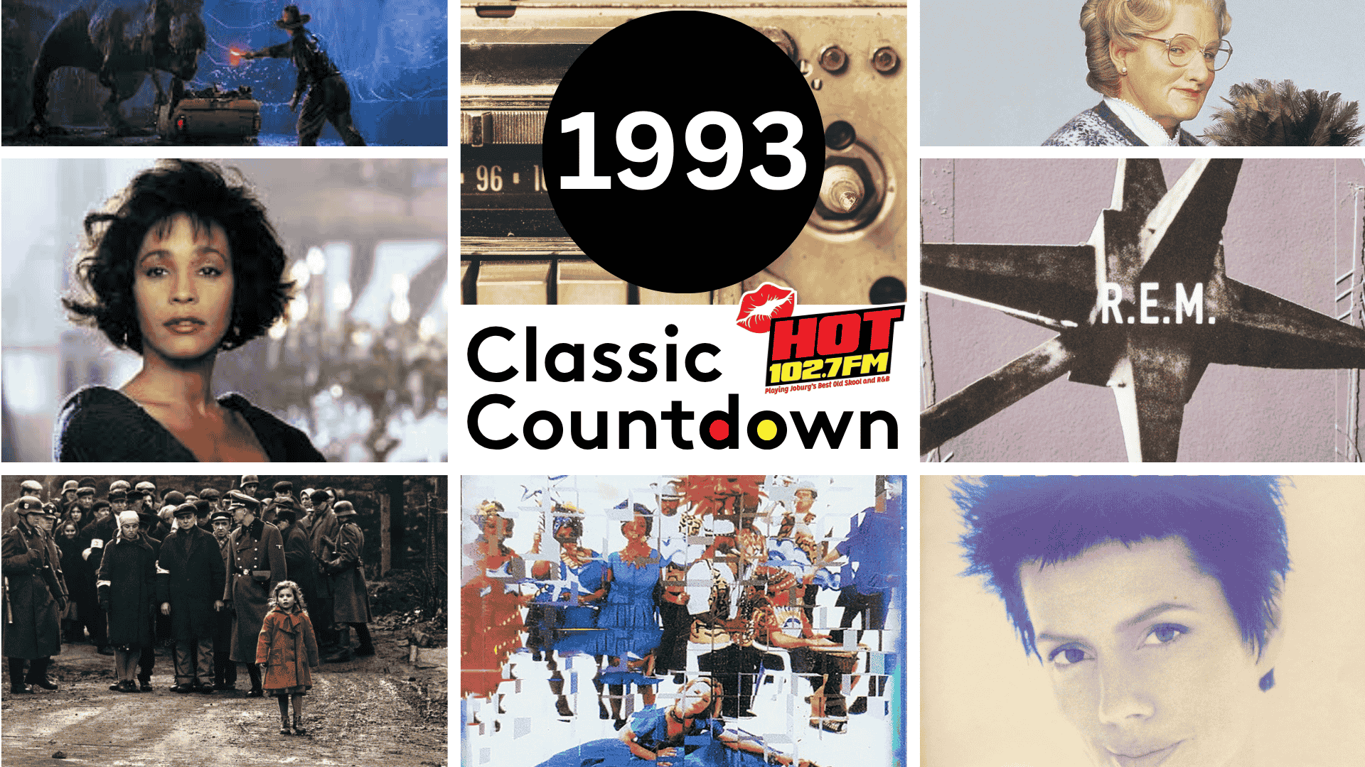 A collage of pop culture icons from 1993, including movies, music legends like Janet Jackson, and celebrities, surrounds a central black circle with “1993 Classic Countdown” and the HOT 102.7FM logo.