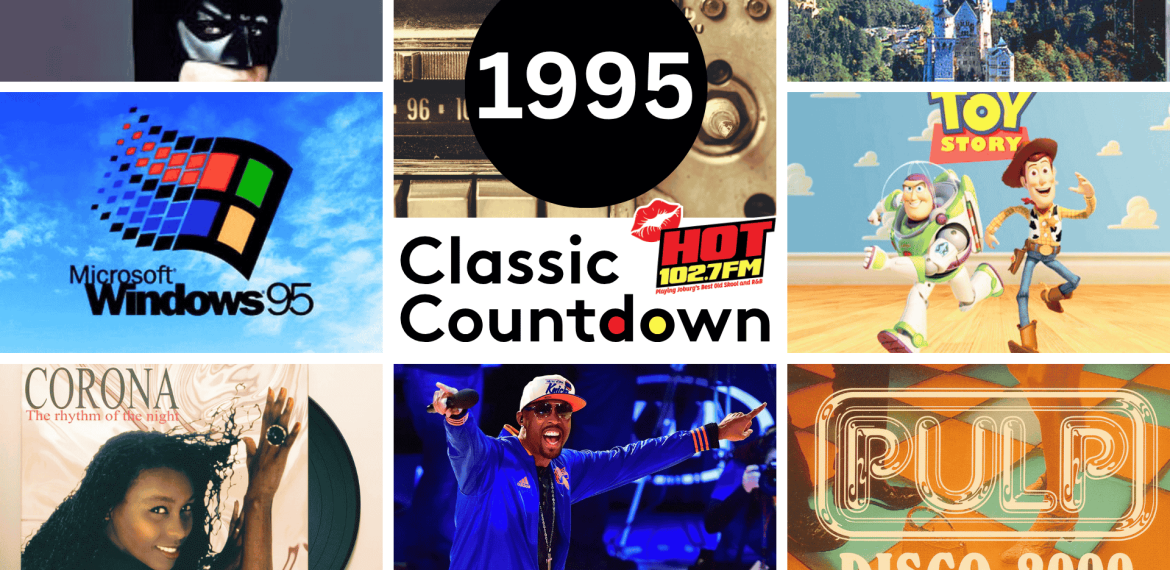 A collage highlights 1995 pop culture: Batman, Windows 95 logo, cassette tape, Classic Countdown logo, Toy Story characters, Corona album cover, Janet Jackson, a rapper performing, and Pulp's Disco 2000 single artwork.