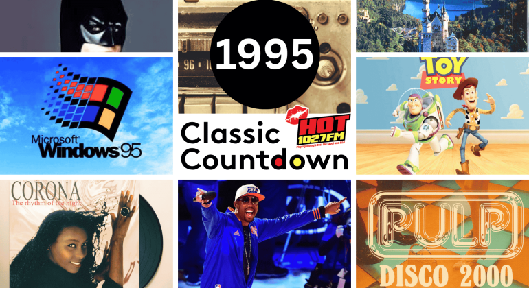 A collage highlights 1995 pop culture: Batman, Windows 95 logo, cassette tape, Classic Countdown logo, Toy Story characters, Corona album cover, Janet Jackson, a rapper performing, and Pulp's Disco 2000 single artwork.