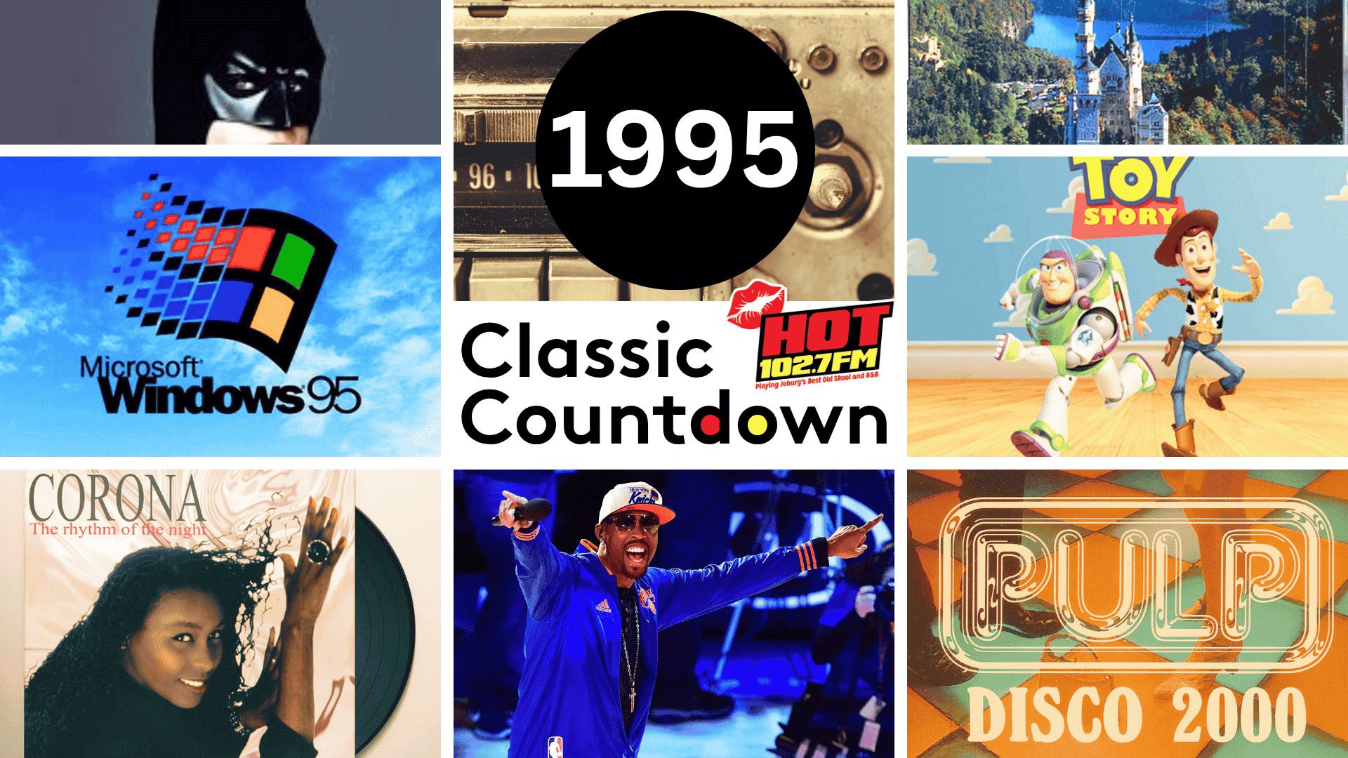 A collage highlights 1995 pop culture: Batman, Windows 95 logo, cassette tape, Classic Countdown logo, Toy Story characters, Corona album cover, Janet Jackson, a rapper performing, and Pulp's Disco 2000 single artwork.