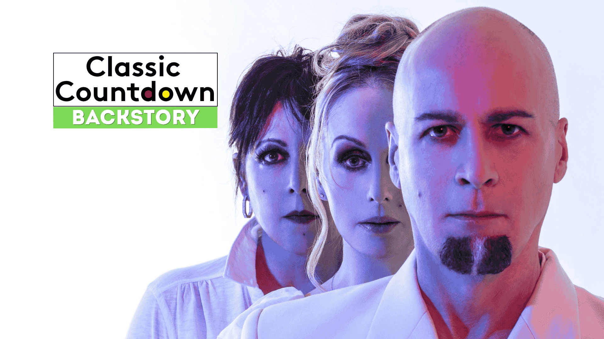 Three people stand in a line with serious expressions, facing forward. Text on the left reads, Classic Countdown Backstory with Backstory highlighted in green. The image has a blue and pink color tone.