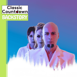 Three people in white outfits stand in a row against a blue and purple gradient background with a white soundwave graphic. The text reads Classic Countdown Backstory in the top left corner.