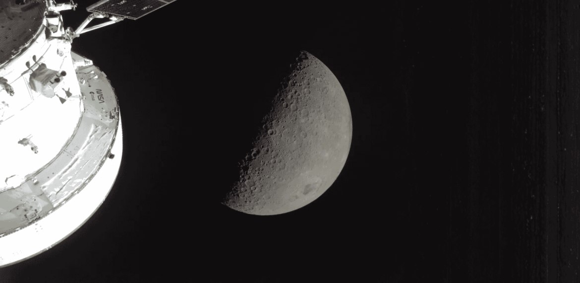 A spacecraft orbits the Moon, capturing a detailed view of the lunar surface with craters visible on the sunlit half, while improved fuel relief ensures efficient travel through the vast blackness of space.