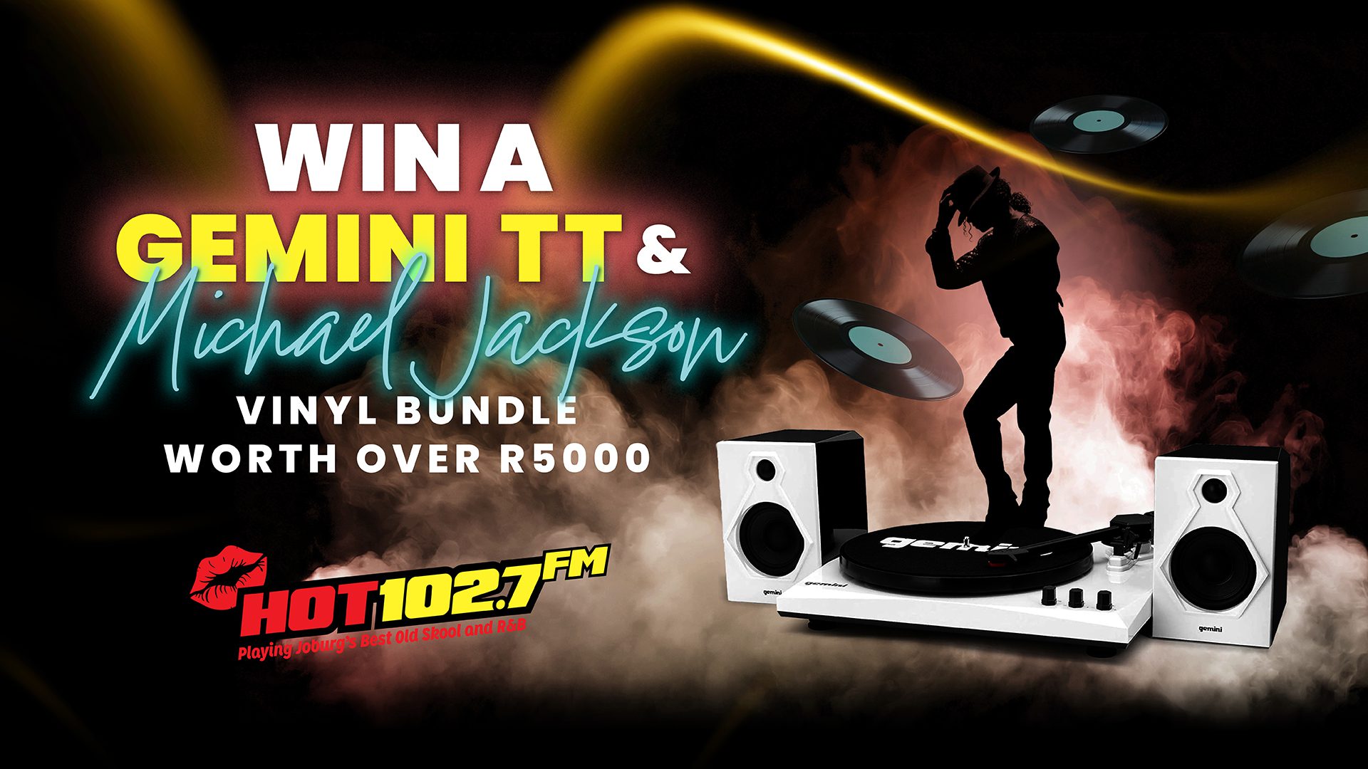 A promotional image for HOT 102.7 FM and Tiletoria offering a chance to win a Gemini TT and Michael Jackson vinyl bundle worth over R5000, featuring vinyl records, a turntable, and a dancing silhouette on a vibrant background.