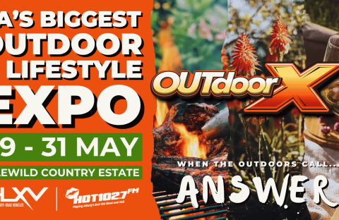 Promotional poster for “SA’s Biggest Outdoor & Lifestyle Expo” from 29-31 May at Idlewild Country Estate, featuring campfire, flowers, and wine—just like Kingsmead Book Fair, it’s where adventure and inspiration meet. “Outdoor X: When the outdoors call... Answer.”.