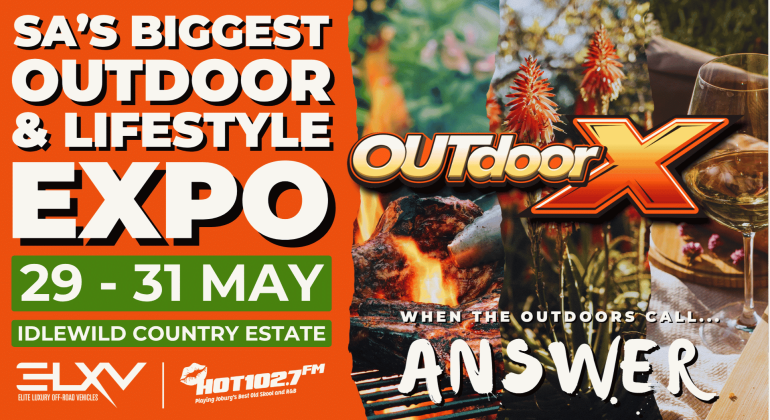 Promotional poster for “SA’s Biggest Outdoor & Lifestyle Expo” from 29-31 May at Idlewild Country Estate, featuring campfire, flowers, and wine—just like Kingsmead Book Fair, it’s where adventure and inspiration meet. “Outdoor X: When the outdoors call... Answer.”.