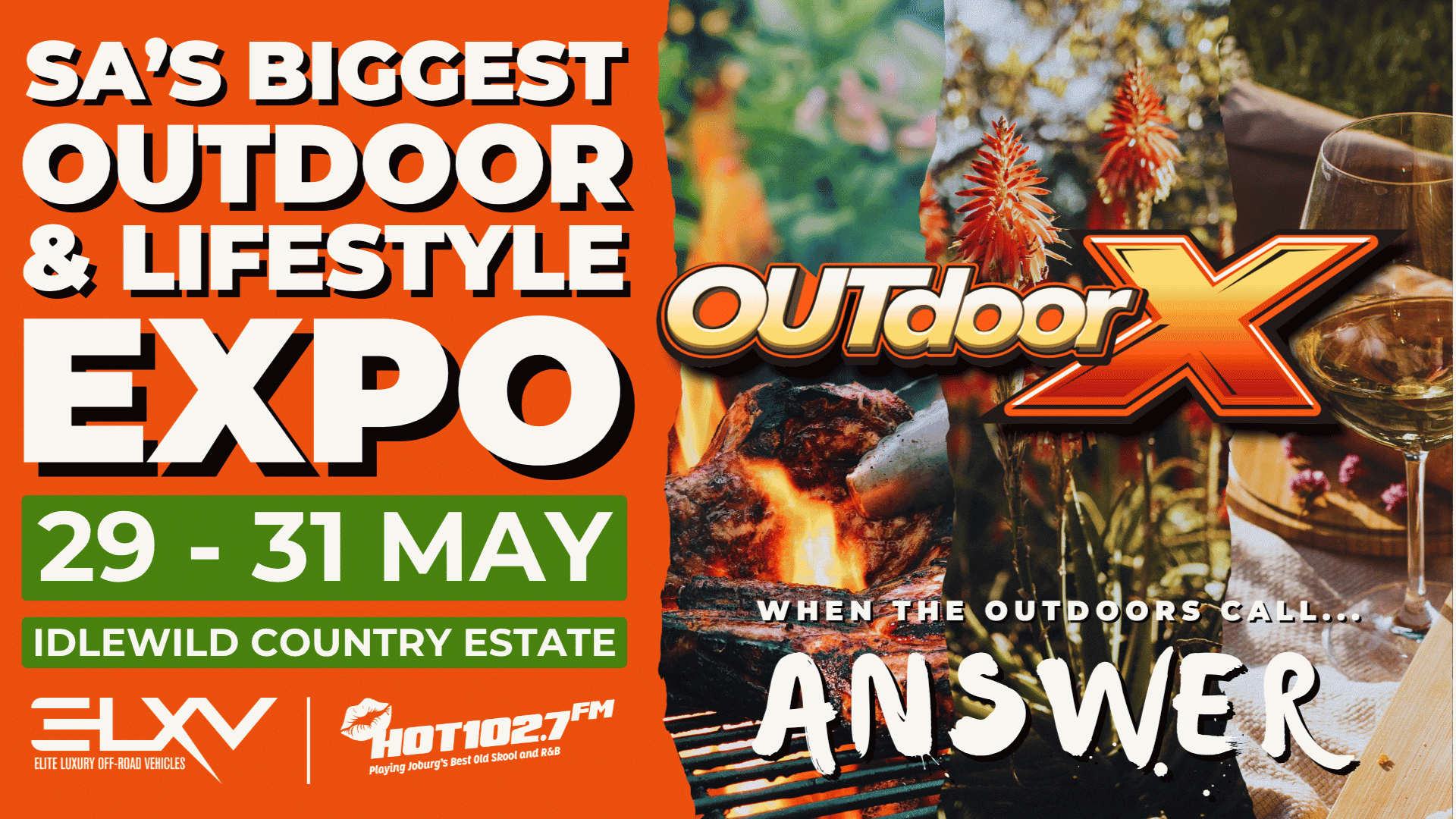 Promotional poster for “SA’s Biggest Outdoor & Lifestyle Expo” from 29-31 May at Idlewild Country Estate, featuring campfire, flowers, and wine—just like Kingsmead Book Fair, it’s where adventure and inspiration meet. “Outdoor X: When the outdoors call... Answer.”.