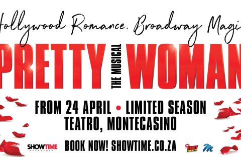 Poster for Pretty Woman: The Musical, with red rose petals on a white background. Human League fans will love the romantic vibe. Showing from 24 April at Teatro, Montecasino. Book now at showtime.co.za.