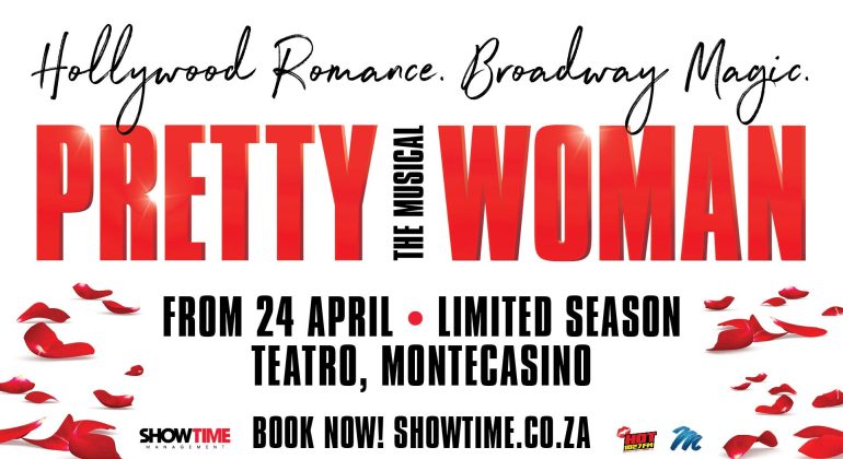 Poster for Pretty Woman: The Musical, with red rose petals on a white background. Human League fans will love the romantic vibe. Showing from 24 April at Teatro, Montecasino. Book now at showtime.co.za.