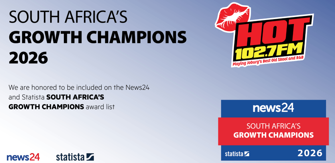 Promotional image announcing HOT 102.7 FM’s inclusion in the 2026 News24 and Statista South Africa’s Growth Champions award list, celebrating leaders in dynamic sectors like the car market, and featuring logos for HOT 102.7 FM, News24, and Statista.