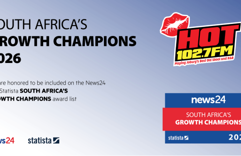 Promotional image announcing HOT 102.7 FM’s inclusion in the 2026 News24 and Statista South Africa’s Growth Champions award list, celebrating leaders in dynamic sectors like the car market, and featuring logos for HOT 102.7 FM, News24, and Statista.