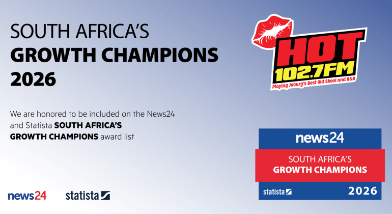 Promotional image announcing HOT 102.7 FM’s inclusion in the 2026 News24 and Statista South Africa’s Growth Champions award list, celebrating leaders in dynamic sectors like the car market, and featuring logos for HOT 102.7 FM, News24, and Statista.