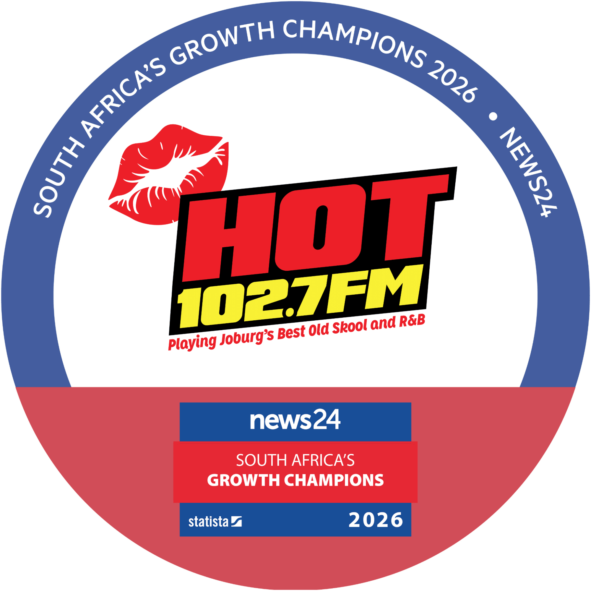 A circular badge featuring HOT 102.7 FM and a red kiss mark in the center, with text reading Playing Joburg’s Best Old Skool and R&B, South Africa’s Growth Champions 2026 – news24, proudly highlighting the pulse of Joburg’s car market.