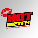 Hot 102.7 FM radio logo, featuring a red lipstick kiss mark and the tagline, Playing Joburgs Best Non-Stop Old Skool and R&B.