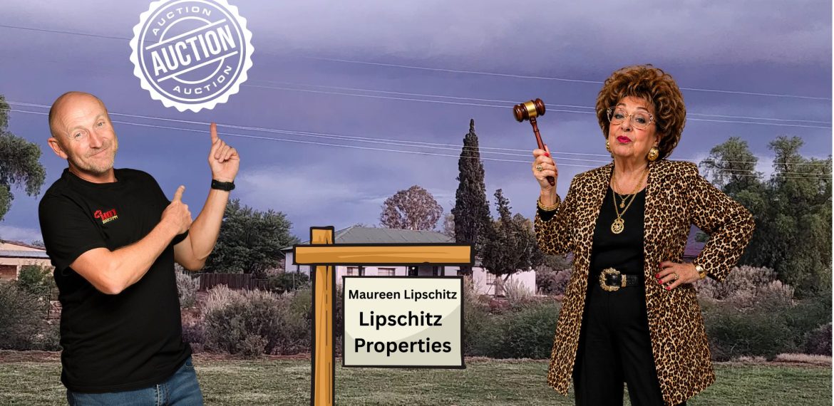 A smiling man in a black shirt points at an auction sign for “Lipschitz Properties” beside a woman in leopard print with a gavel, against cloudy skies and trees—Johannesburg water issues make this property auction stand out. An auction stamp appears overhead.