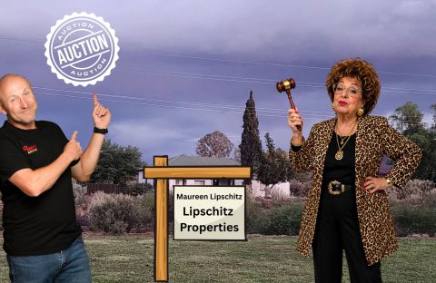 A smiling man in a black shirt points at an auction sign for “Lipschitz Properties” beside a woman in leopard print with a gavel, against cloudy skies and trees—Johannesburg water issues make this property auction stand out. An auction stamp appears overhead.