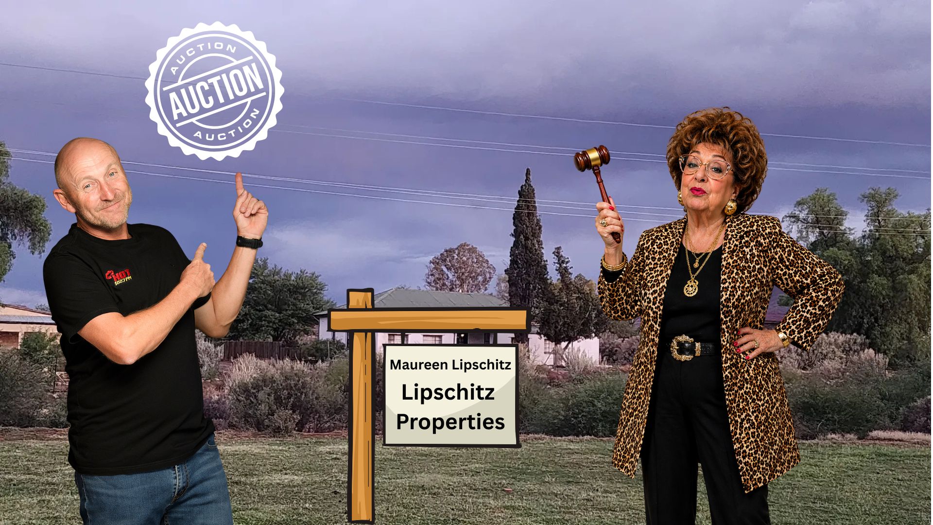 A smiling man in a black shirt points at an auction sign for “Lipschitz Properties” beside a woman in leopard print with a gavel, against cloudy skies and trees—Johannesburg water issues make this property auction stand out. An auction stamp appears overhead.