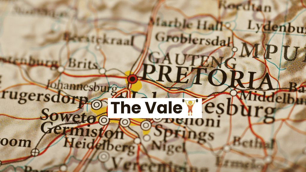A close-up map of South Africa highlights Pretoria with a red circle and label. The words The Vale, along with a trophy icon, appear over the map near Johannesburg, Soweto, Germiston, and Middelpos.