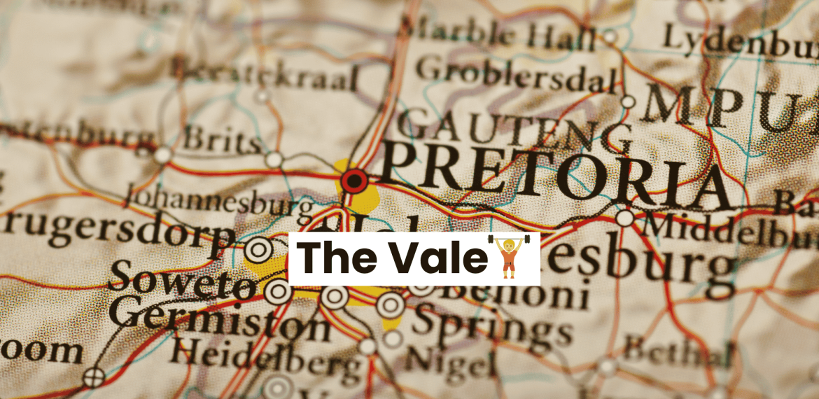 A close-up map of South Africa highlights Pretoria with a red circle and label. The words The Vale, along with a trophy icon, appear over the map near Johannesburg, Soweto, Germiston, and Middelpos.