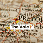 A close-up map of South Africa highlights Pretoria with a red circle and label. The words The Vale, along with a trophy icon, appear over the map near Johannesburg, Soweto, Germiston, and Middelpos.