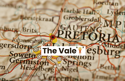 A close-up map of South Africa highlights Pretoria with a red circle and label. The words The Vale, along with a trophy icon, appear over the map near Johannesburg, Soweto, Germiston, and Middelpos.