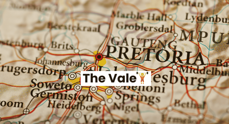 A close-up map of South Africa highlights Pretoria with a red circle and label. The words The Vale, along with a trophy icon, appear over the map near Johannesburg, Soweto, Germiston, and Middelpos.