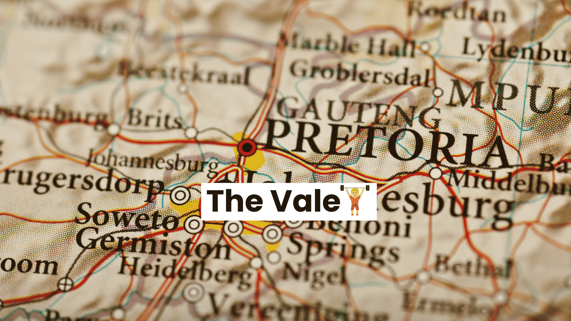 A close-up map of South Africa highlights Pretoria with a red circle and label. The words The Vale, along with a trophy icon, appear over the map near Johannesburg, Soweto, Germiston, and Middelpos.