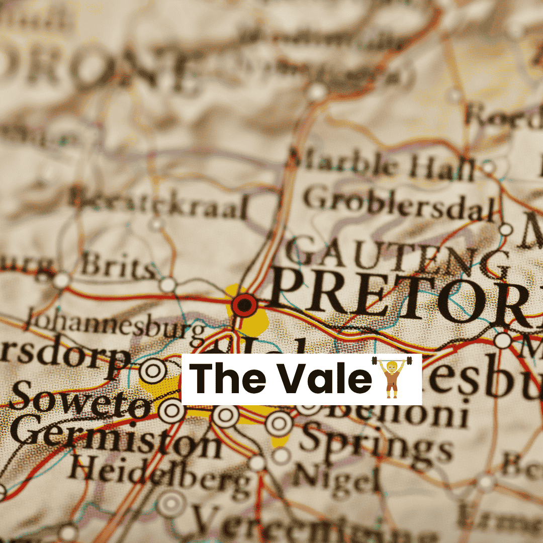 A map of Gauteng, South Africa, showing Pretoria, Middelpos, and surrounding areas with The Vale highlighted and an emoji of a person raising their arms in celebration.