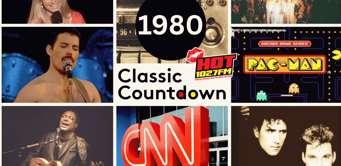 A collage featuring 1980s icons: a smiling woman, a singer with a mustache, Janet Jackson, a retro radio, stage performers, guitar player, the CNN logo, two men, and Pac-Man. Text reads 1980 Classic Countdown.