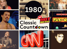A collage featuring 1980s icons: a smiling woman, a singer with a mustache, Janet Jackson, a retro radio, stage performers, guitar player, the CNN logo, two men, and Pac-Man. Text reads 1980 Classic Countdown.