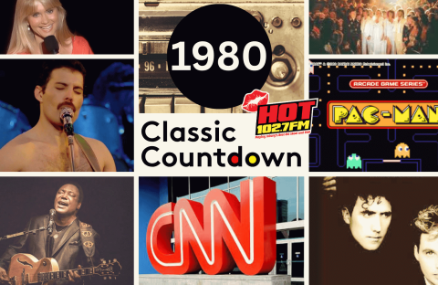 A collage featuring 1980s icons: a smiling woman, a singer with a mustache, Janet Jackson, a retro radio, stage performers, guitar player, the CNN logo, two men, and Pac-Man. Text reads 1980 Classic Countdown.
