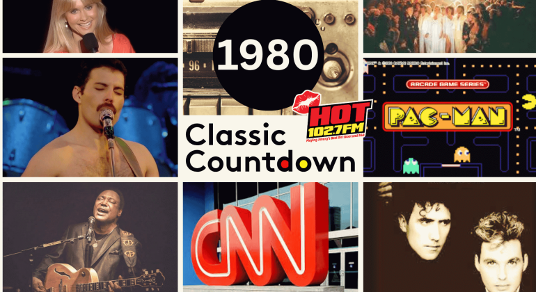 A collage featuring 1980s icons: a smiling woman, a singer with a mustache, Janet Jackson, a retro radio, stage performers, guitar player, the CNN logo, two men, and Pac-Man. Text reads 1980 Classic Countdown.