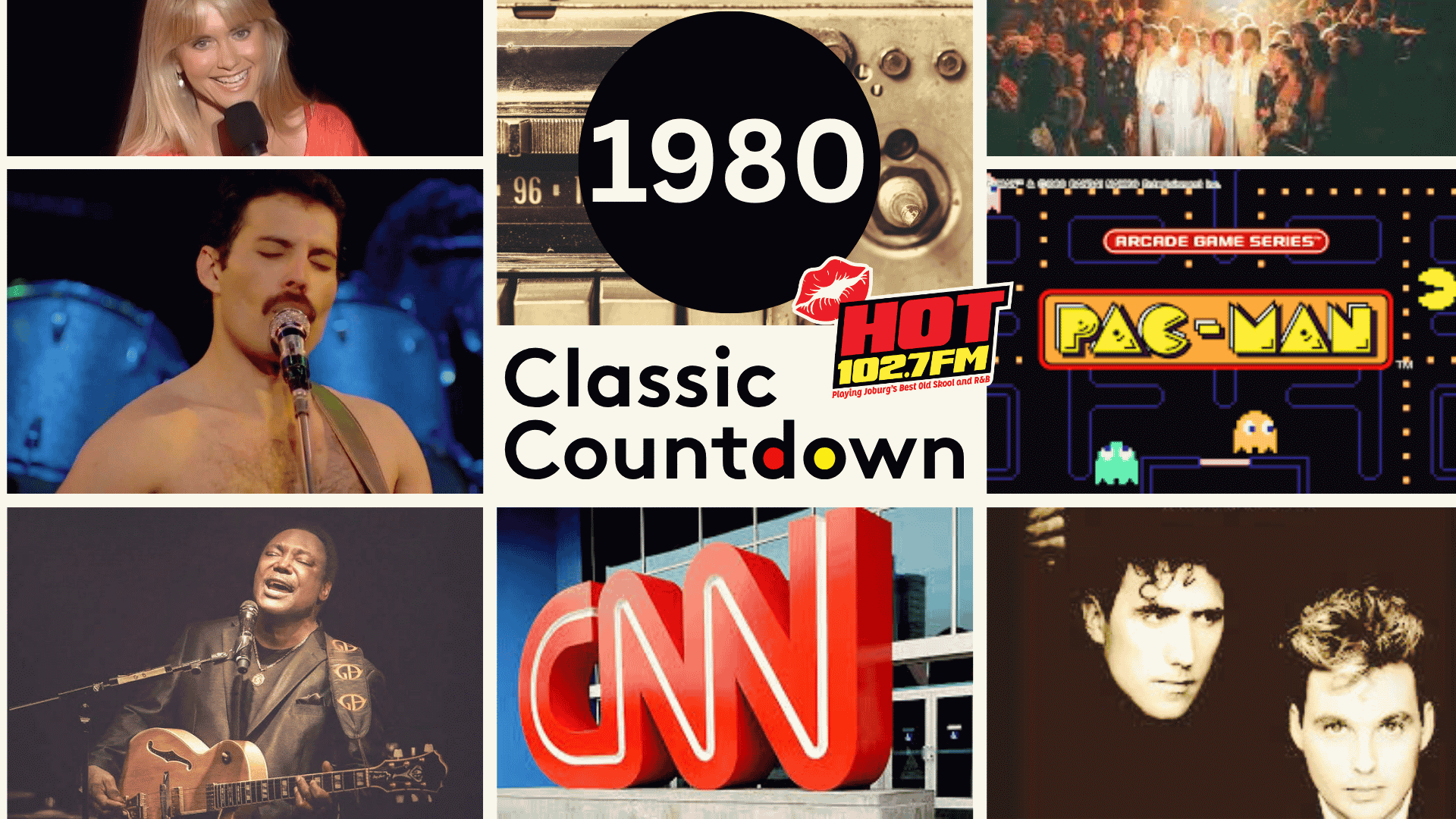 A collage featuring 1980s icons: a smiling woman, a singer with a mustache, Janet Jackson, a retro radio, stage performers, guitar player, the CNN logo, two men, and Pac-Man. Text reads 1980 Classic Countdown.