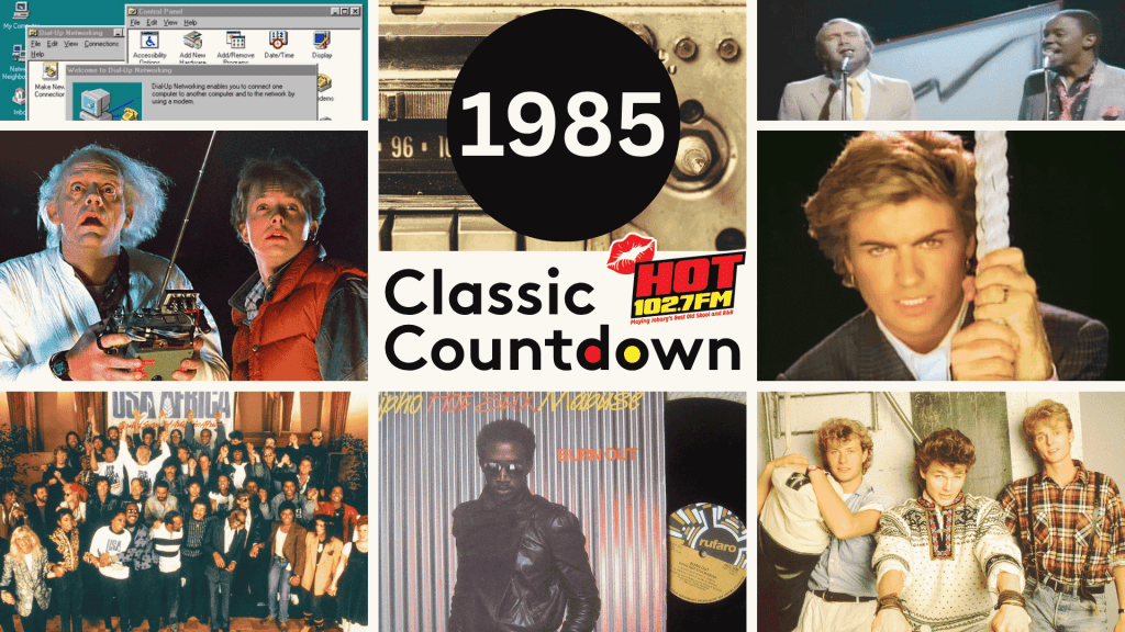 A collage with “1985 Classic Countdown” in the center, surrounded by pop culture images including Doc and Marty from Back to the Future, musicians like Janet Jackson, a Windows computer, and a group photo, evoking 1980s nostalgia.