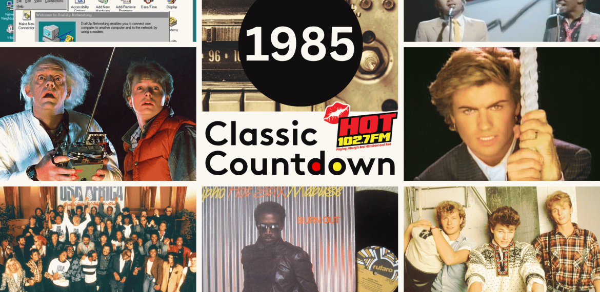 A collage with “1985 Classic Countdown” in the center, surrounded by pop culture images including Doc and Marty from Back to the Future, musicians like Janet Jackson, a Windows computer, and a group photo, evoking 1980s nostalgia.