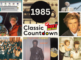 A collage with “1985 Classic Countdown” in the center, surrounded by pop culture images including Doc and Marty from Back to the Future, musicians like Janet Jackson, a Windows computer, and a group photo, evoking 1980s nostalgia.