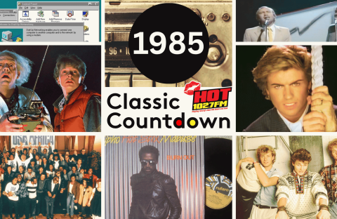 A collage with “1985 Classic Countdown” in the center, surrounded by pop culture images including Doc and Marty from Back to the Future, musicians like Janet Jackson, a Windows computer, and a group photo, evoking 1980s nostalgia.