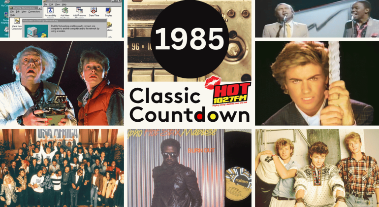 A collage with “1985 Classic Countdown” in the center, surrounded by pop culture images including Doc and Marty from Back to the Future, musicians like Janet Jackson, a Windows computer, and a group photo, evoking 1980s nostalgia.