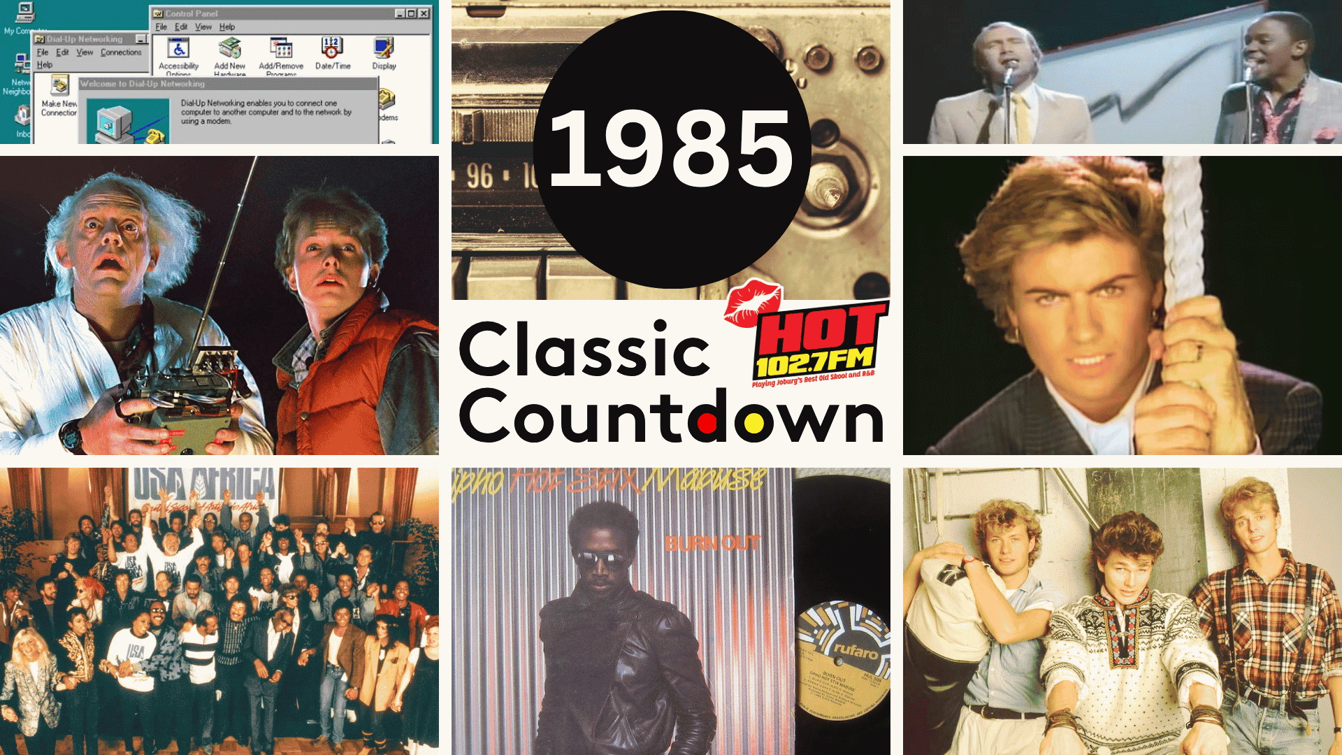 A collage with “1985 Classic Countdown” in the center, surrounded by pop culture images including Doc and Marty from Back to the Future, musicians like Janet Jackson, a Windows computer, and a group photo, evoking 1980s nostalgia.