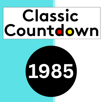 Text reads Classic Countdown with the letters o in countdown colored red and yellow, and 1985 in bold white beneath, referencing the era of Janet Jackson, all set on a blue and white split background.