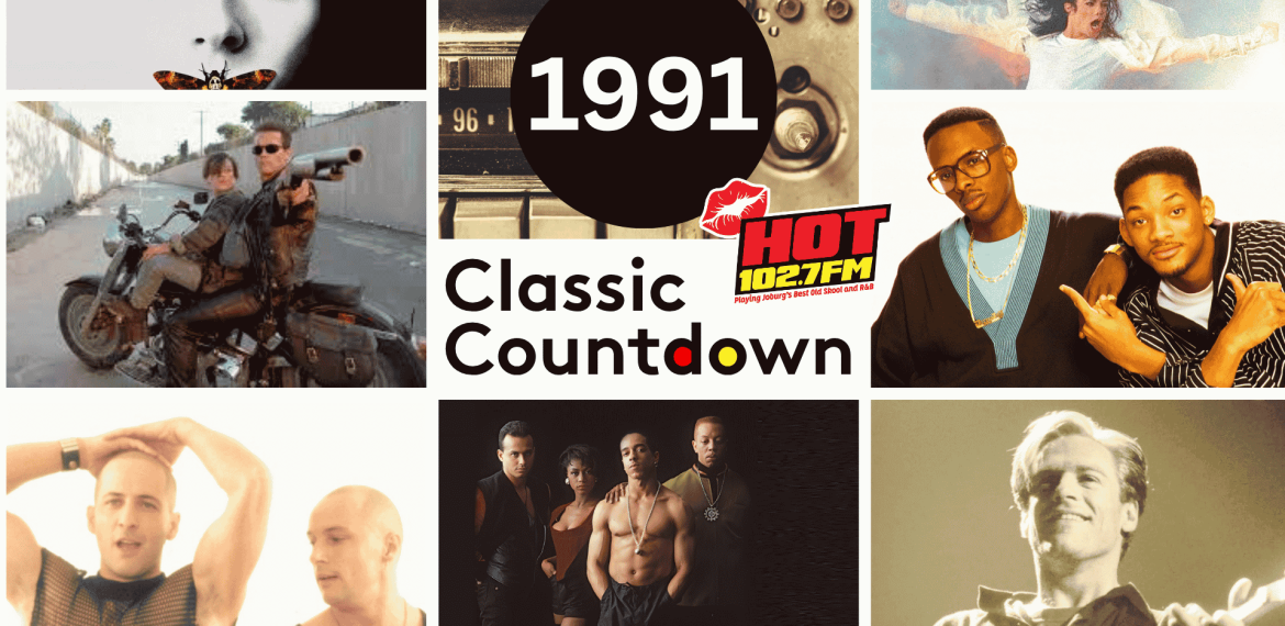 Collage featuring pop culture images from 1991: movie scenes, famous singers and duos like Janet Jackson, a radio, and the text 1991 Classic Countdown HOT 102.7 FM in the center.