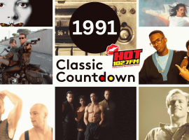 Collage featuring pop culture images from 1991: movie scenes, famous singers and duos like Janet Jackson, a radio, and the text 1991 Classic Countdown HOT 102.7 FM in the center.