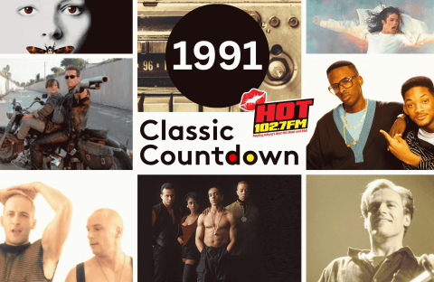 Collage featuring pop culture images from 1991: movie scenes, famous singers and duos like Janet Jackson, a radio, and the text 1991 Classic Countdown HOT 102.7 FM in the center.