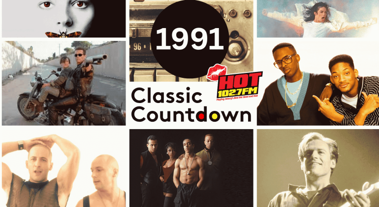 Collage featuring pop culture images from 1991: movie scenes, famous singers and duos like Janet Jackson, a radio, and the text 1991 Classic Countdown HOT 102.7 FM in the center.